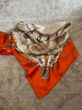 Ornate Chain-Print Orange & Cream Silk-Feel Scarf